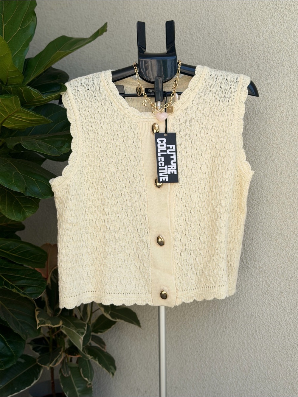 Future Collective Cream Sleeveless Knit Button-Front Crop Top